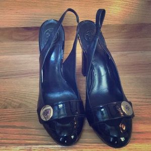Tory Burch heels. Size 10. Black w/ Gold Emblem